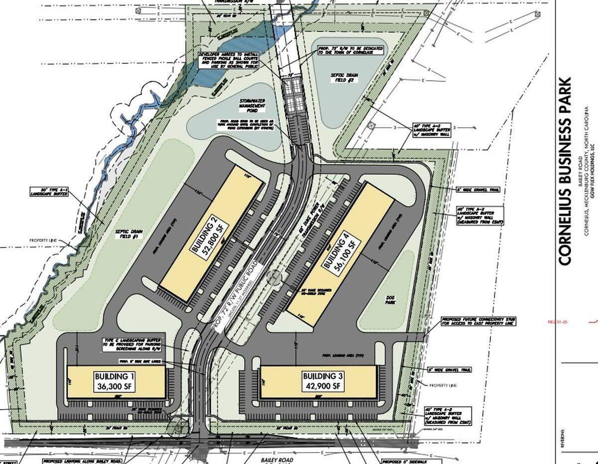 The proposed Cornelius Business Park on Bailey Road near N.C. 115 would include four buildings, its developer said.
