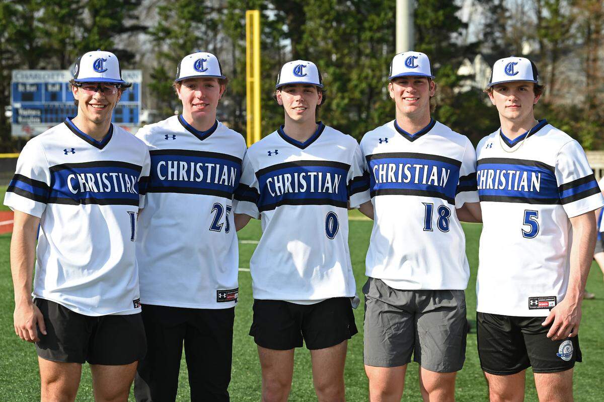Some of Charlotte Christian’s baseball players pose for a photograph on Thursday, February 23, 2023. From left, senior Johnny Joseph, senior Tanner McCammon, senior Ryan O’Rourke, senior Wesley Jones and sophomore John Lash.