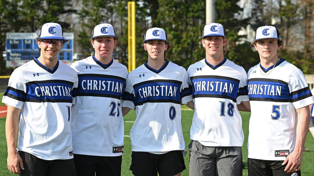 Some of Charlotte Christian’s baseball players pose for a photograph on Thursday, February 23, 2023. From left, senior Johnny Joseph, senior Tanner McCammon, senior Ryan O’Rourke, senior Wesley Jones and sophomore John Lash.