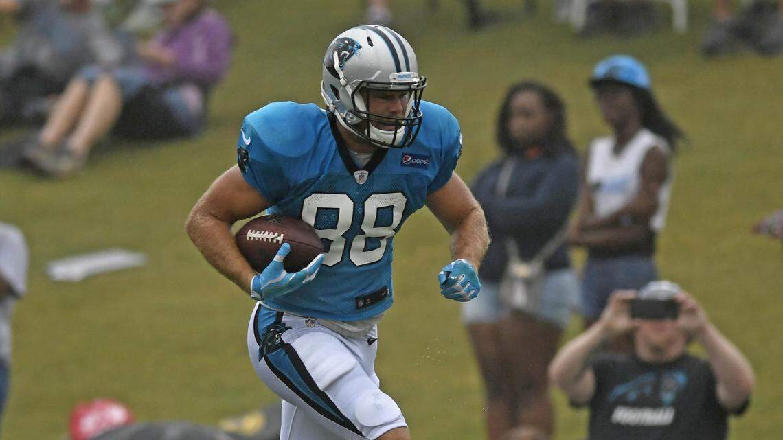 Carolina Panthers tight end Greg Olsen (88) has a different feeling about training camp in his 12th season because of a new offensive coordinator and a rookie teammate.