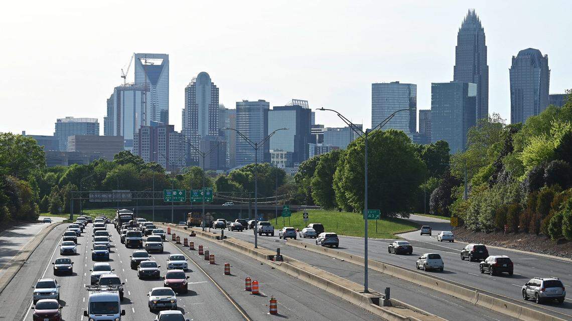 The skyline of Charlotte, NC from the Hawthorne Lane bridge on Wednesday, April 20, 2022.