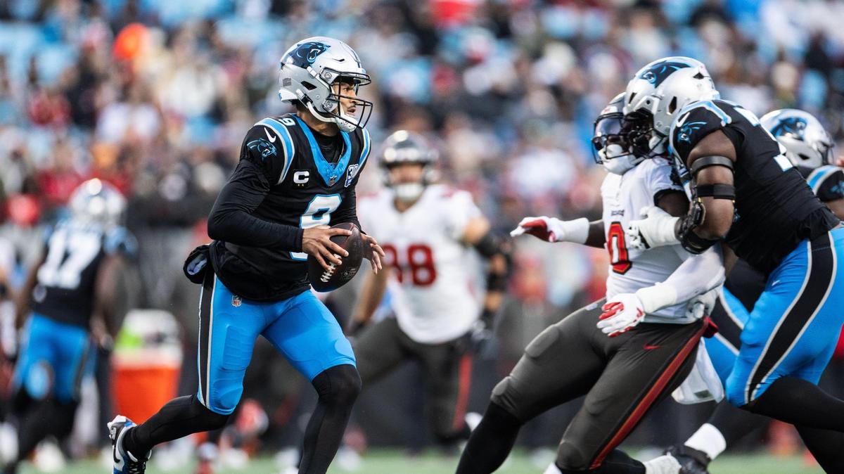 Carolina Panthers quarterback Bryce Young, looks to pass against the Tampa Bay Buccaneers at the Bank of America Stadium in Charlotte, N.C., on Sunday, December 1, 2024.