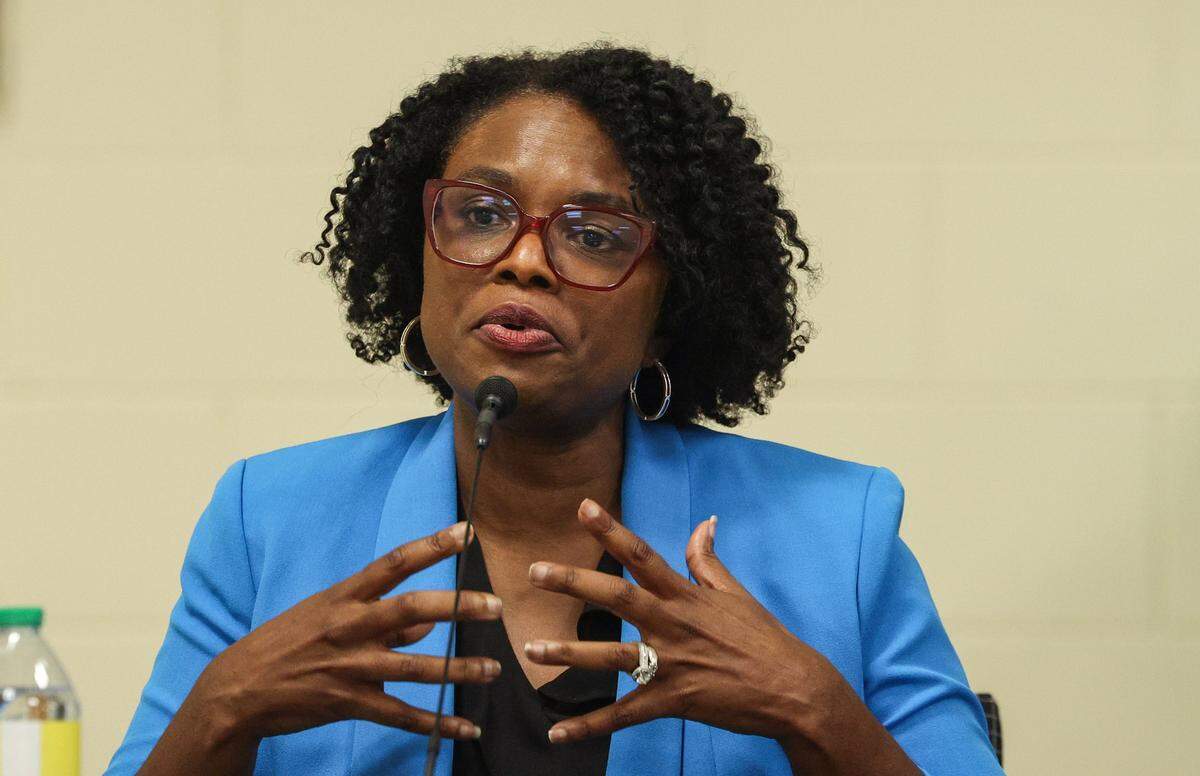 Tanya Branham Principal at Phillip O. Berry Academy of Technology, discusses how her school has seen improvement in student academics in the last year during a press conference held by CMS to discuss the new state testing results at University Creative Arts Elementary School in Charlotte on Wednesday, September 3, 2025.