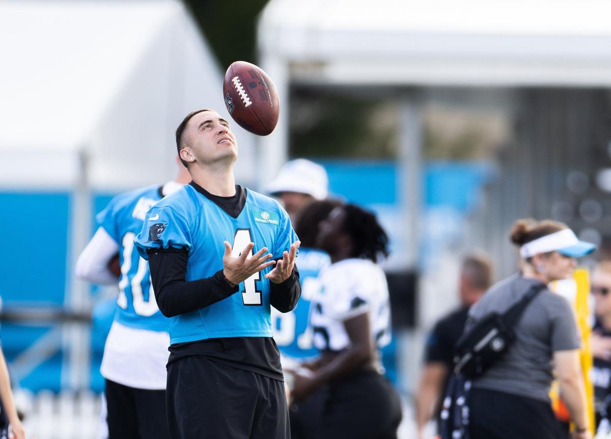 Carolina Panthers Eddy Piñeiro tosses a ball during the Carolina Panthers Training Camp in Charlotte, N.C., on Monday, August 5, 2024.
