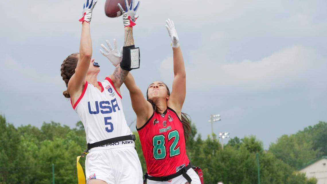 Charlotte native Madison Fulford (5) hauls in a pass during the gold medal game of the International Federation of American Football’s Americas Continental Championship against Mexico. The U.S. won the game, 26-21.