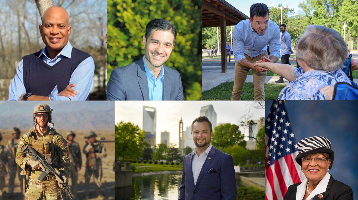 Top row: John Sharkey, left, Ram Mammadov, State Rep. Jeff Jackson. Bottom row: Pat Harrigan, left, Tyler Lee and U.S. Rep. Alma Adams.