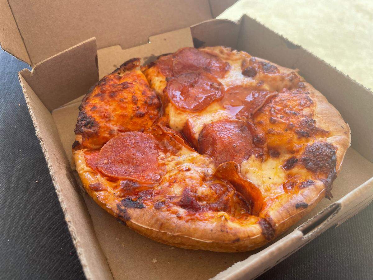 A pepperoni pizza from Godfather’s Pizza in Charlotte.