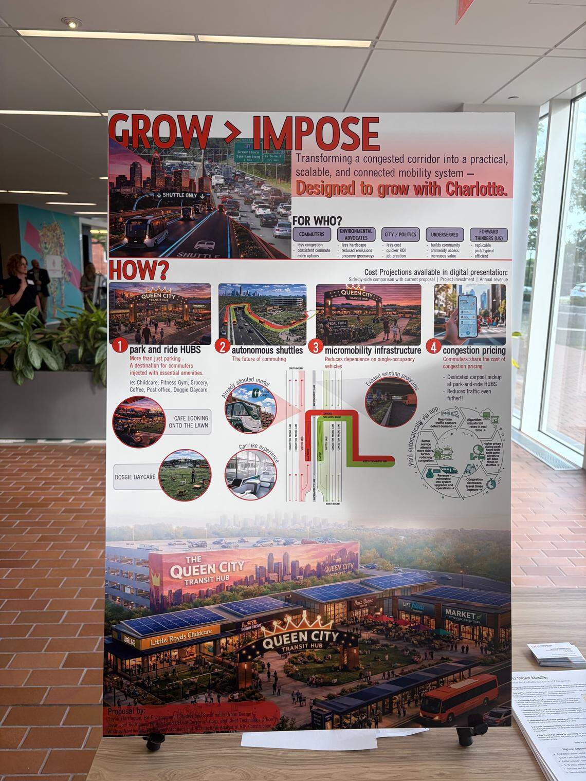 Taylor Harrington, Javan Joel and Whitney Vanhouten want to add shuttle service along Interstate 77, along with transit hubs packed with amenities, to entice people to park and hop on public transit. Sustain Charlotte, a nonprofit focused on sustainable growth, put out a call for residents to design their own changes to I-77 south, dubbed “Reimagining 77 South.”