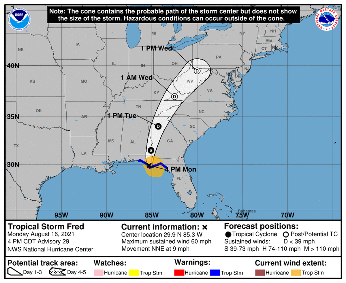 The 5 p.m. update for Tropical Storm Fred on Monday, Aug. 16, 2021