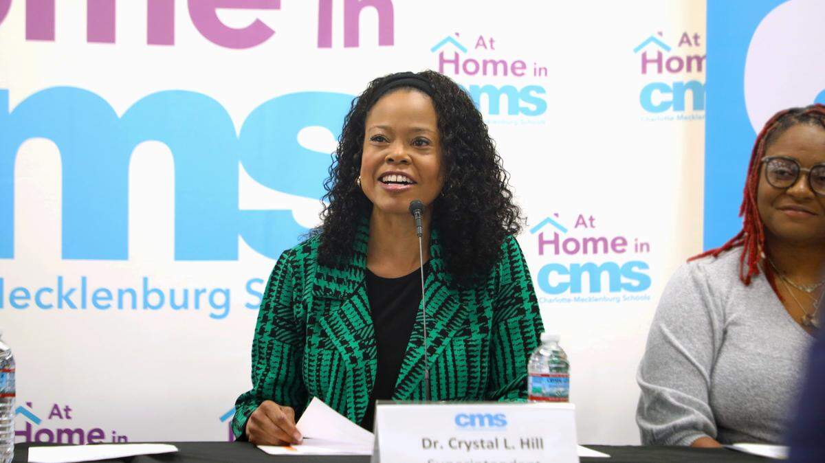 CMS Superintendent Crystal Hill and the school district presented their budget proposal to Mecklenburg County commissioners on Wednesday. In this file photo from a 2024 news conference, Hill speaks about a CMS housing initiative.