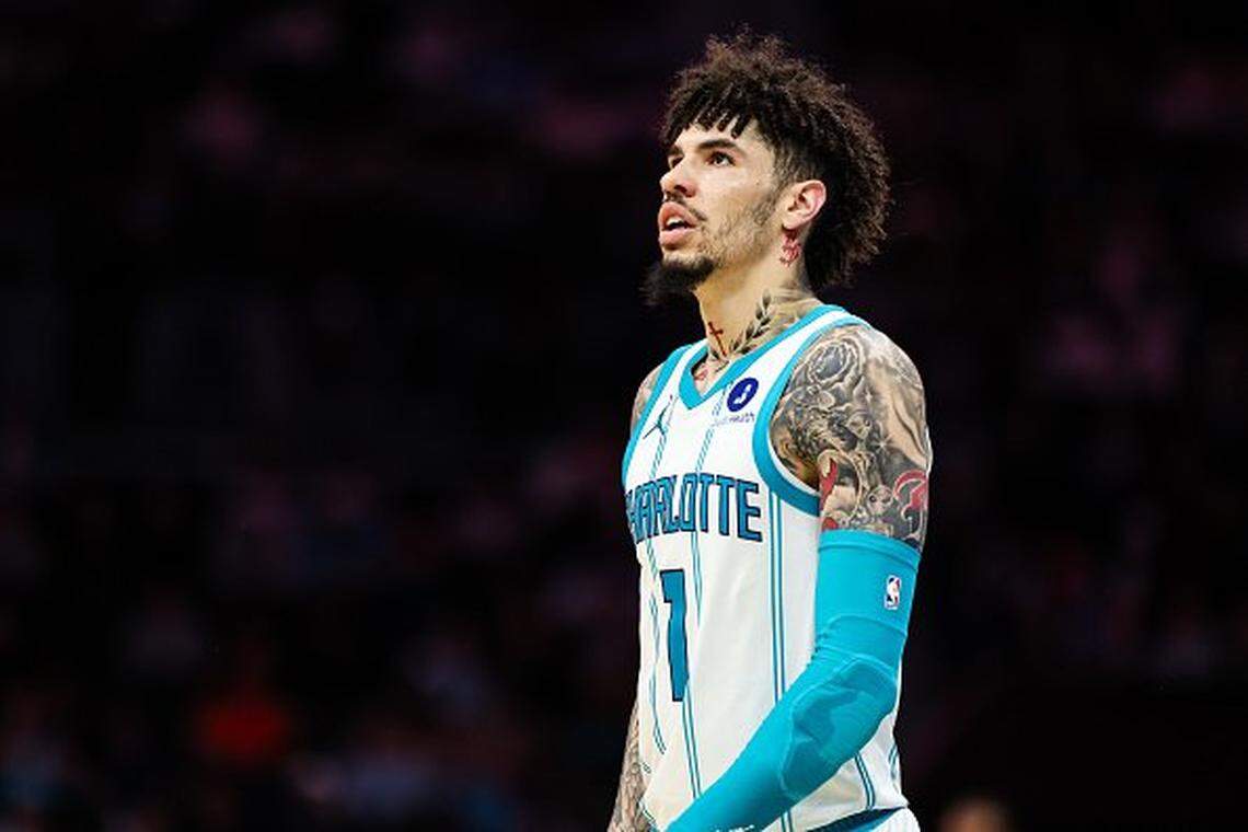 LaMelo Ball of the Charlotte Hornets looks on during the second half of the basketball game against the Orlando Magic at Spectrum Center on October 30, 2025 in Charlotte, North Carolina.