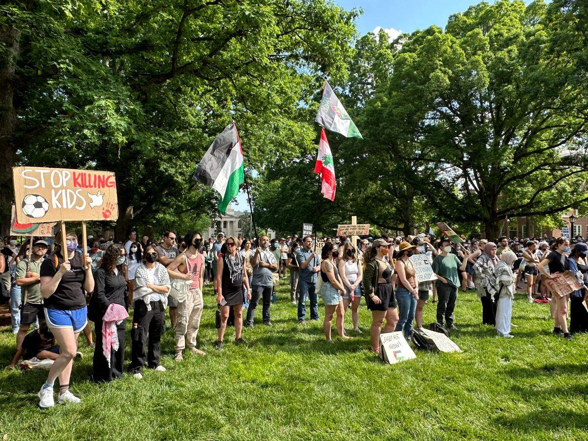 Protesters during a rally in support of Palestine at Polk Place on the main campus of UNC-Chapel Hill on Sunday, April 28, 2024