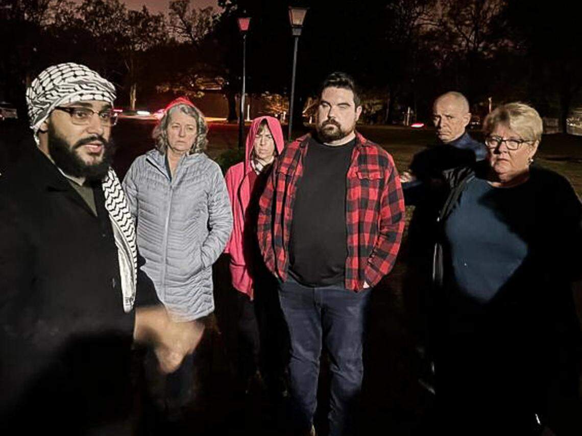 About 40 people gathered Wednesday across the street from Trinity Presbyterian Church. They came to bring attention to the impact of the Israel-Hamas war on the Palestinian community and to encourage frank discussions about the complex topic between interfaith communities, a local Muslim leader said.