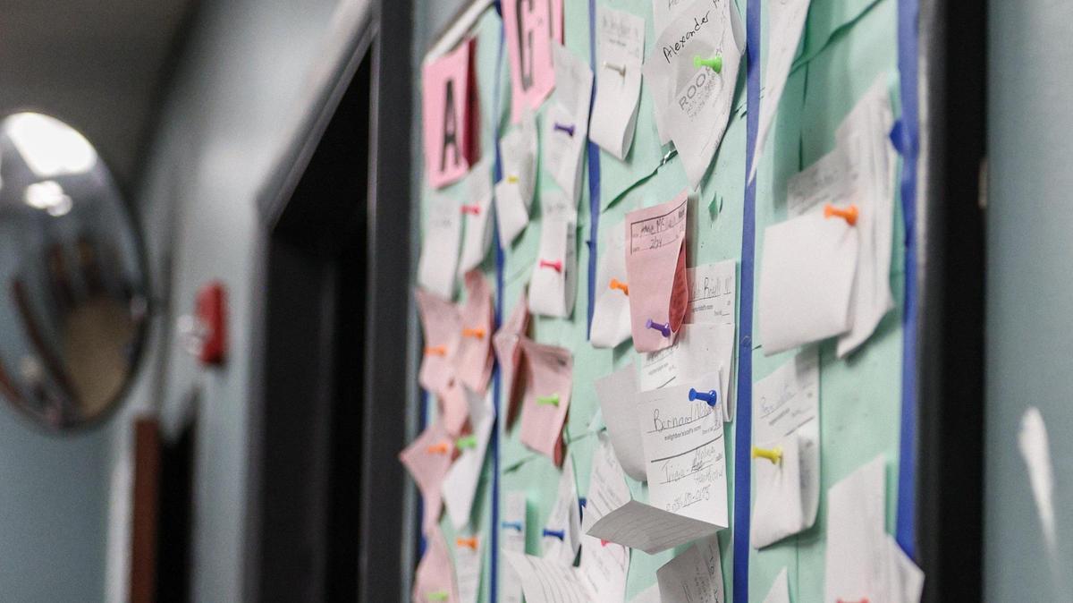 A message board is organized with notes and telephone numbers for people to stay in touch with one another at Roof Above in Charlotte, NC on Monday, February 24, 2025.