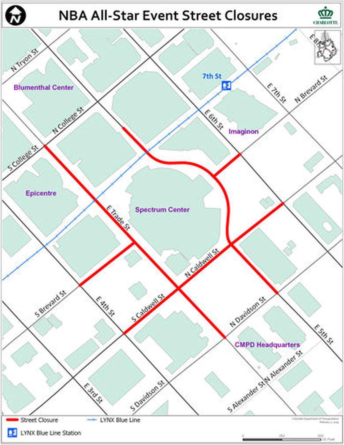 Streets around Spectrum Center will close Thursday night: Caldwell and Brevard streets between 4th and 6th streets, and East Trade and East 5th streets between College and North Davidson streets.