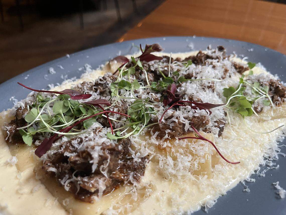 A close-up, high-angle shot of a pasta dish on a gray plate. The dish features several large, flat pasta sheets (possibly ravioli or lasagna) covered in a light-colored, creamy sauce. A rich, dark brown meat mixture is piled on top, and the dish is generously garnished with grated white cheese and fresh microgreens. The plate rests on a wooden table.