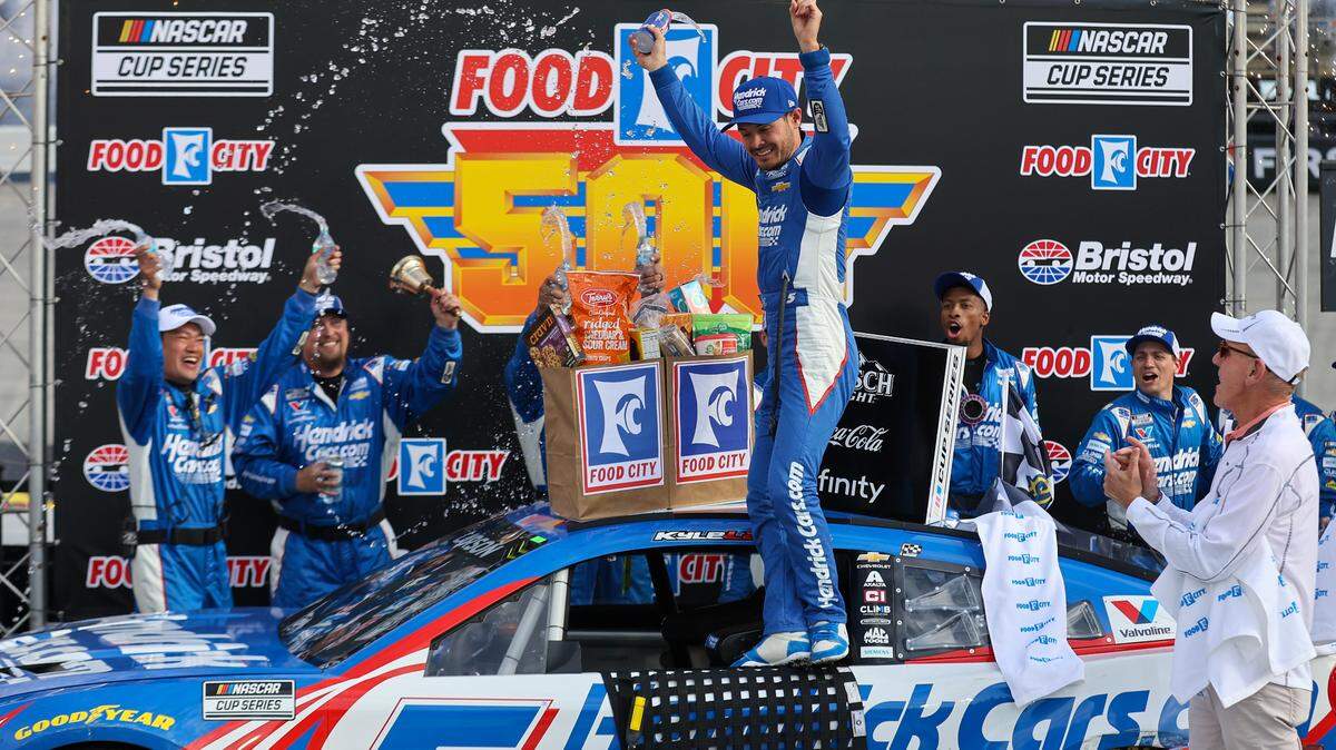 Apr 13, 2025; Bristol, Tennessee, USA; NASCAR Cup Series driver Kyle Larson (5) wins the NASCAR Food City 500 at Bristol Motor Speedway.