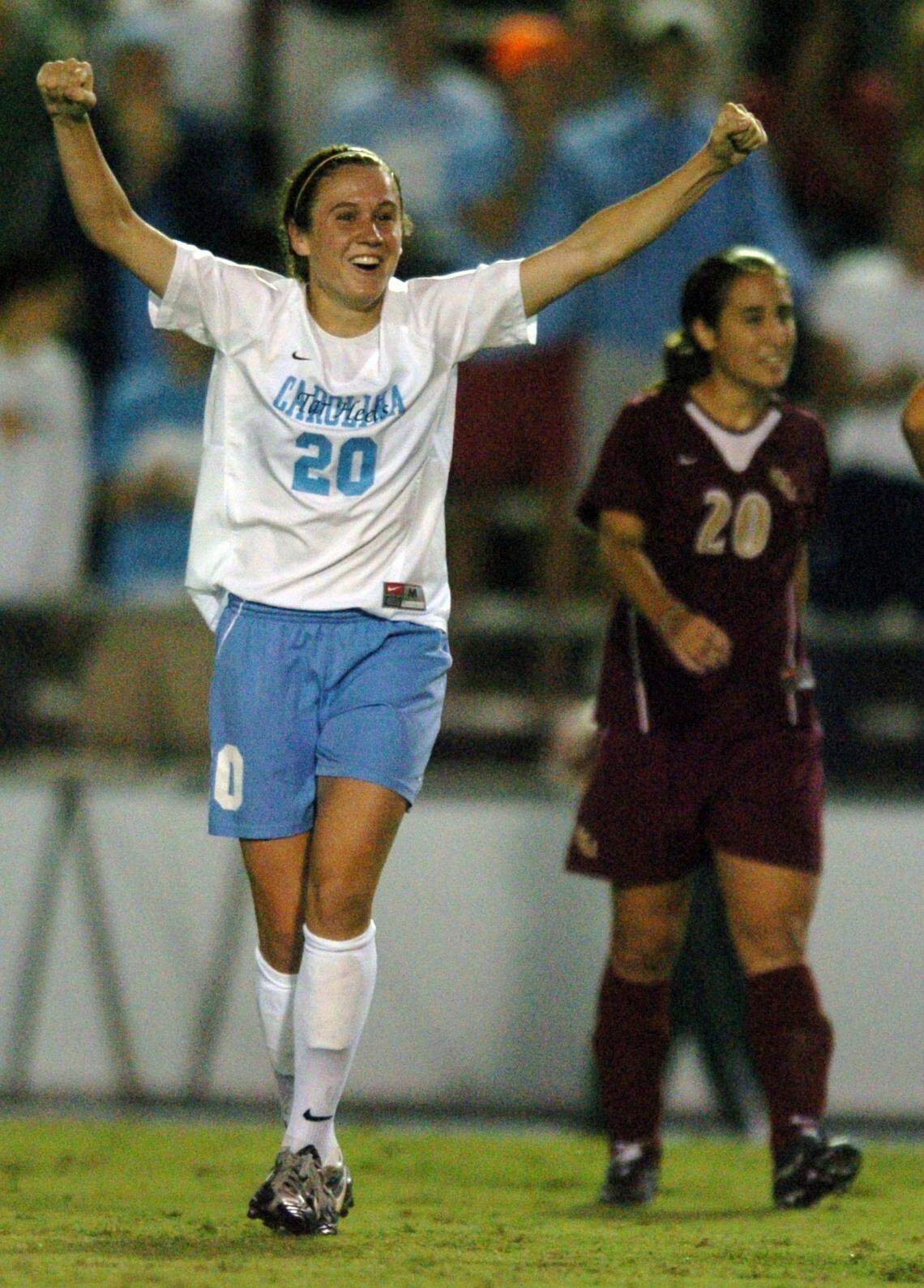 In 2006, Heather O’Reilly reacts after scoring a goal against Florida State. The Tar Heels would win the national championship later that season, and O’Reilly would eventually see her No. 20 jersey retired by UNC.