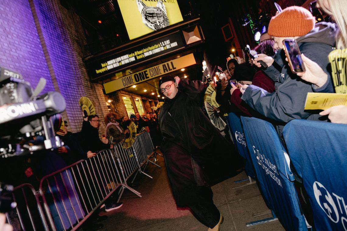 Former Blumey Awards Best Actor winner Bryson Battle exits the stage door of New York’s Broadhurst Theatre in March after his first preview performance in “Cats: The Jellicle Ball.” It’s his Broadway debut.