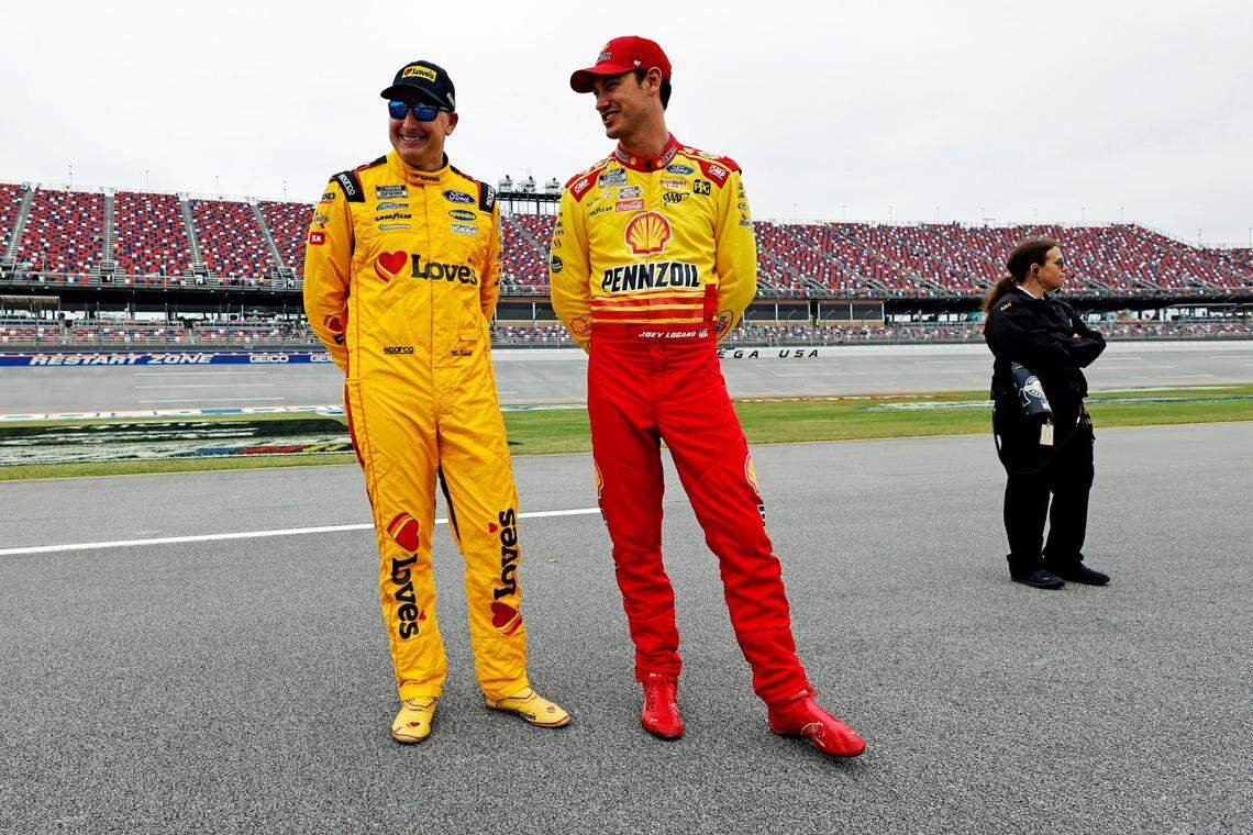 Ford drivers Joey Logano (22) and pole-sitter Michael McDowell (34) during qualifying for the Geico 500 at Talladega Superspeedway on April 20, 2024, in Talladega, Ala.
