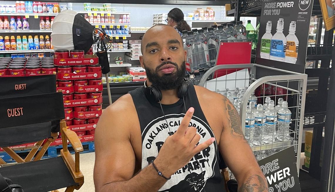 Jake Lawler poses on the set of “The Crossover.”