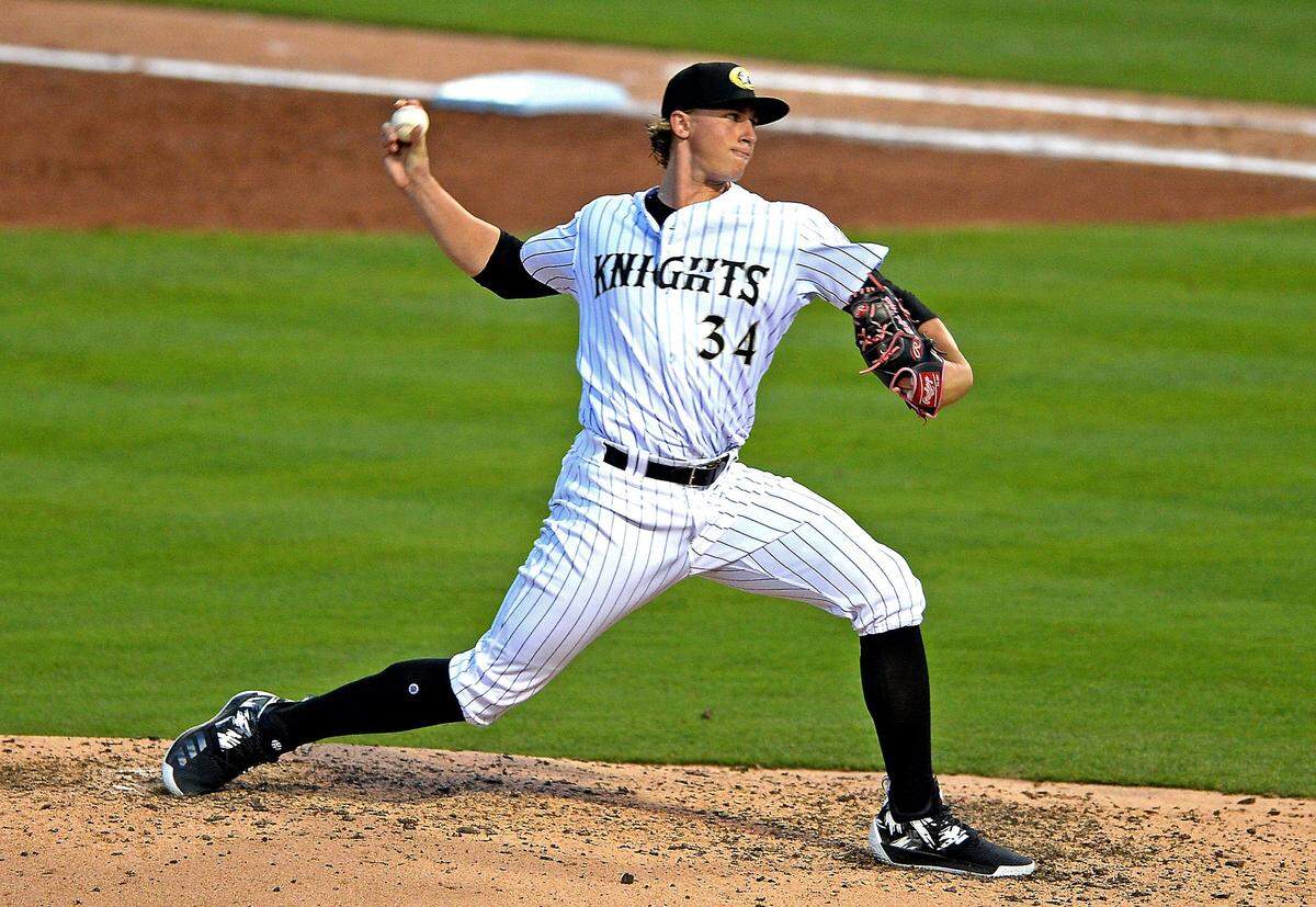 Charlotte Knights pitcher Michael Kopech throws a pitch to a Lehigh Valley IronPigs batter during action on Friday, June 8, 2018 at BB&T Ballpark in Charlotte, N.C.