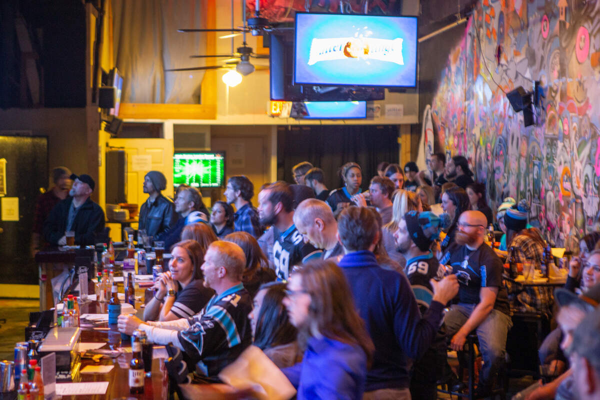 Sanctuary Pub in NoDa has eight wide-screen TVs spanning the length of the bar, plus more spread throughout for Super Bowl viewing from every seat.