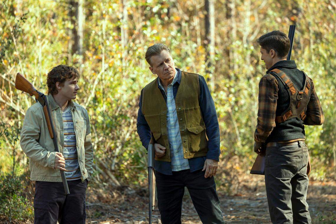 Brady Hepner as Diller Hopkins, Holt McCallany as Harlan Buckley and Topher Grace as Grady in “The Waterfront.”