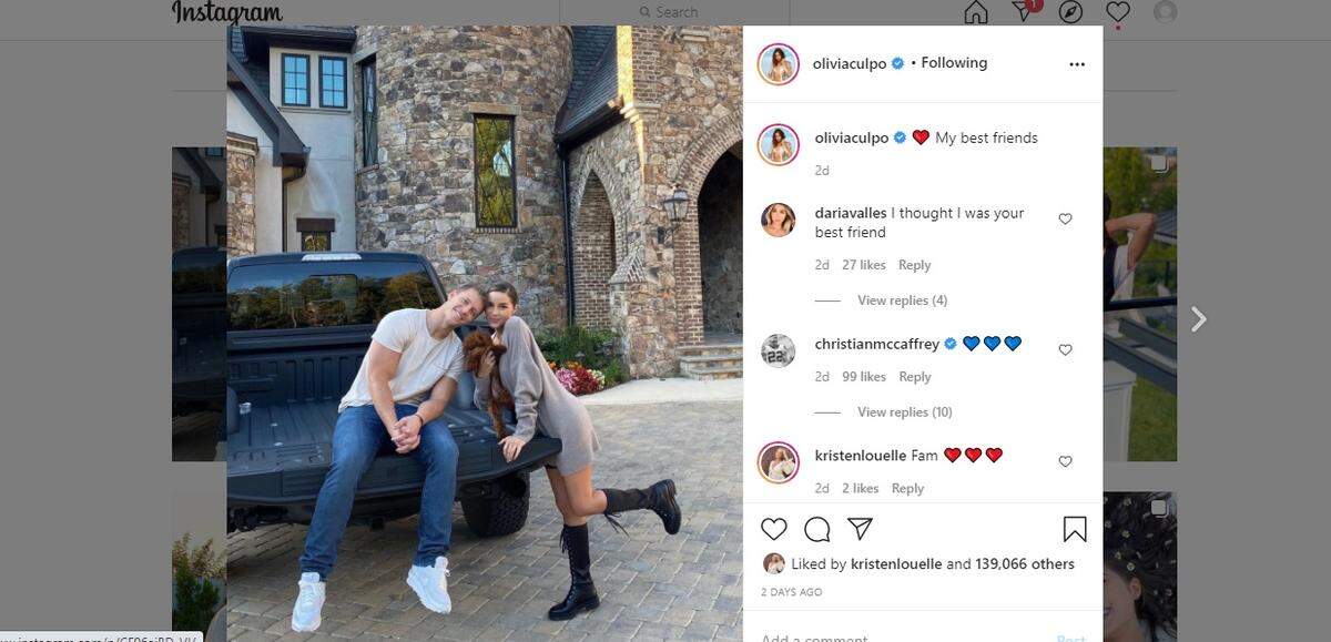 Olivia Culpo, the actress-model girlfriend of Carolina Panthers’ NFL star Christian McCaffrey, posted a photo of the couple outside what appears to be the Lake Norman mansion that just sold for $7.5 million in Mooresville.