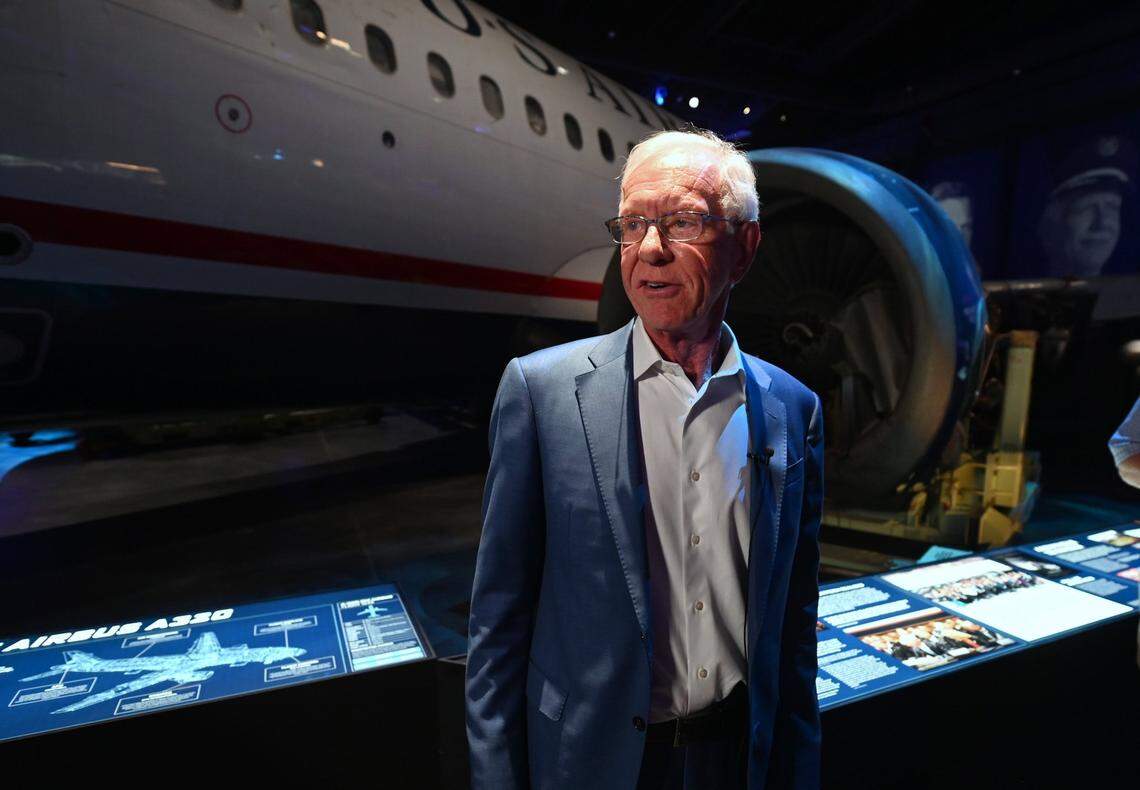 Former US Airways airline pilot Capt. C.B. “Sully” Sullenberger stands next to the jet he landed on the Hudson River in 2009. Sullenberger landed Flight 1549 on the Hudson River after both engines were disabled by a bird strike. All the passengers and crew survived the landing. The Sullenberger Aviation Museum in Charlotte is named for the pilot.