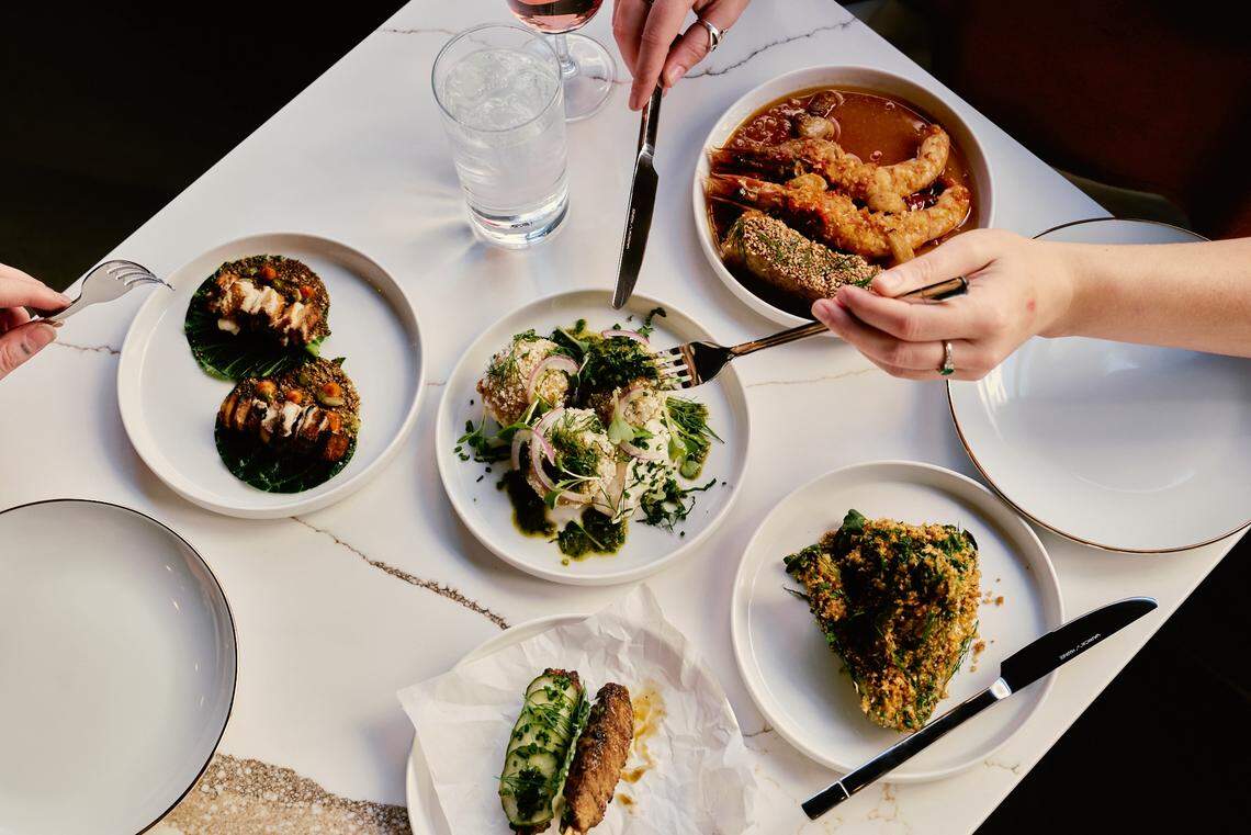 Mazi’s small plates offerings include Carolina Gold Falafel, Grilled Little Gem Lettuce, Tuna Kofta and Lion’s Mane Mushroom Skewers.