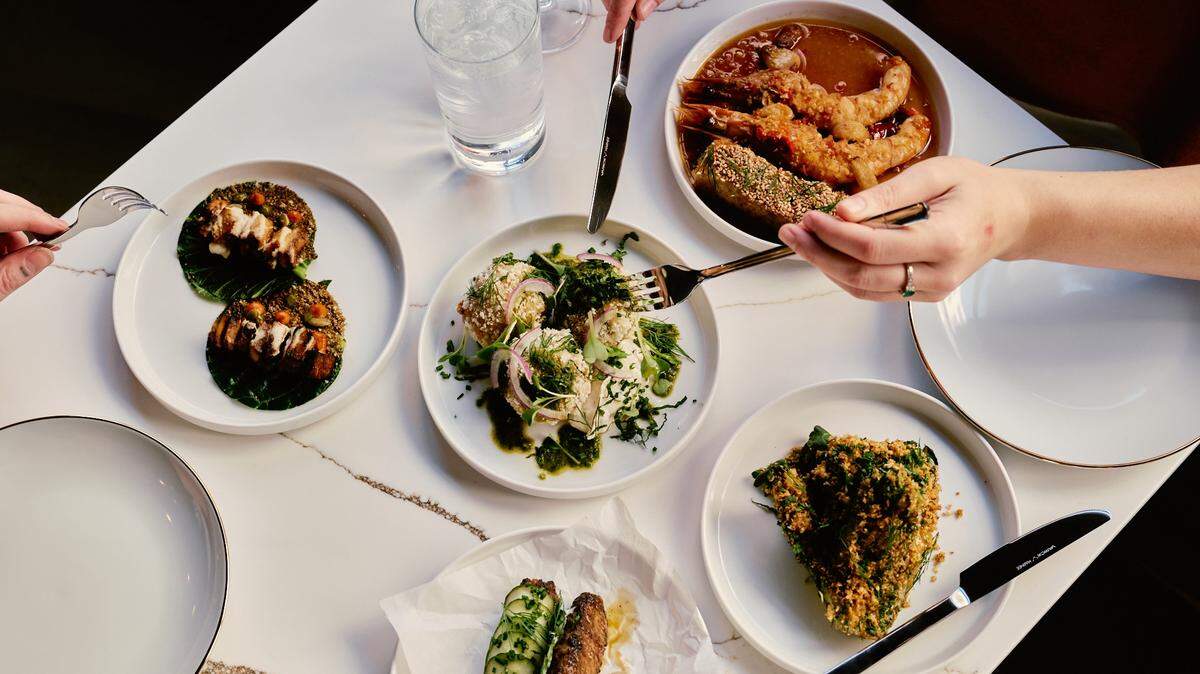 Mazi’s small plates offerings include Carolina Gold Falafel, Grilled Little Gem Lettuce, Tuna Kofta and Lion’s Mane Mushroom Skewers.