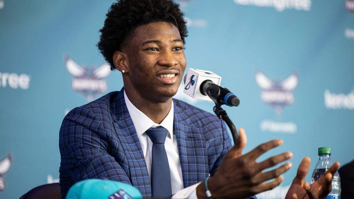 Charlotte Hornets draft pick Kai Jones speaks during a press conference at the Spectrum Center in Charlotte, N.C., on Friday, July 30, 2021. The Hornets traded up to select Jones at No. 19 overall.