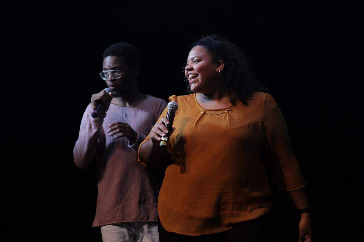 Former Studio 345 students Emily Nuñez and Alante Griffin perform at a Studio 345 Celebration, a public showcase of student accomplishments that concludes each trimester of the program.