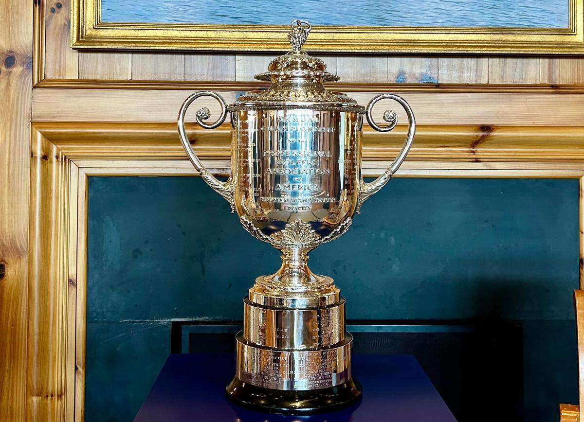 The Wanamaker Trophy goes to the winner of golf’s PGA Championship each year. The 107th edition of the tournament will be played May 15-18, 2025, at Quail Hollow Club in Charlotte. The trophy was on display on Feb. 25, 2025, at the championship’s Media Day.
