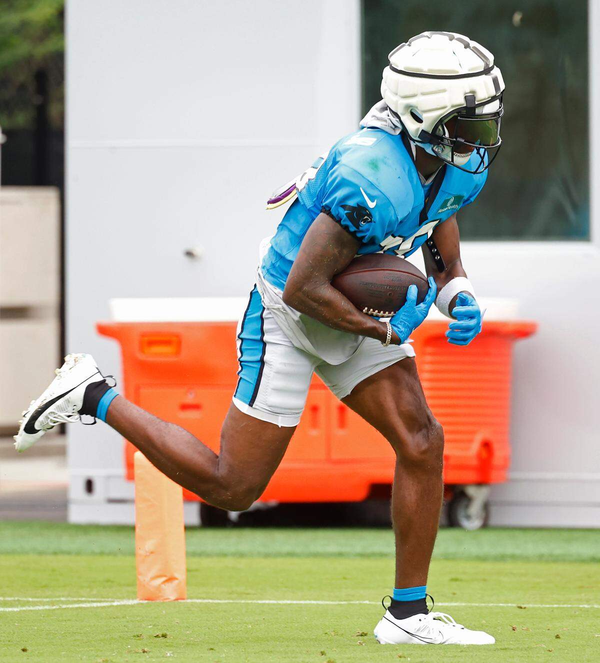 Carolina Panthers wide receiver Terrace Marshall Jr. runs for the end zone following a pass reception during practice on Tuesday, August 6, 2024.