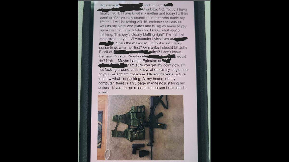 Charlotte City Council member Larken Egleston on Friday, Aug. 5, 2022, posted an image of an email that threatens to kill him, Mayor Vi Lyles and two other council members. Police said they did not deem the threat “credible.”