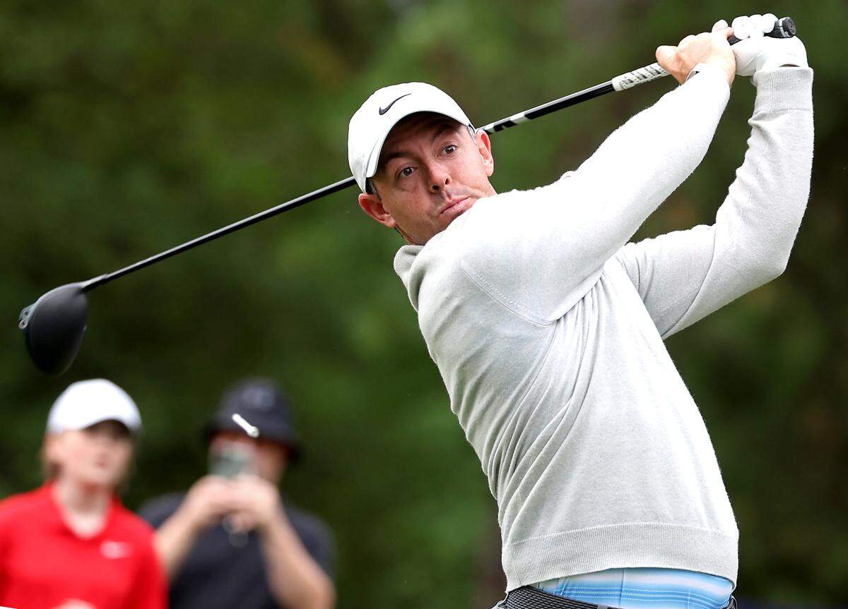 Rory McIlroy watches the flight of his drive from the third tee box during the Truist Championship Pro-Am at Quail Hollow Club in Charlotte, NC on Wednesday, May 6, 2026. 