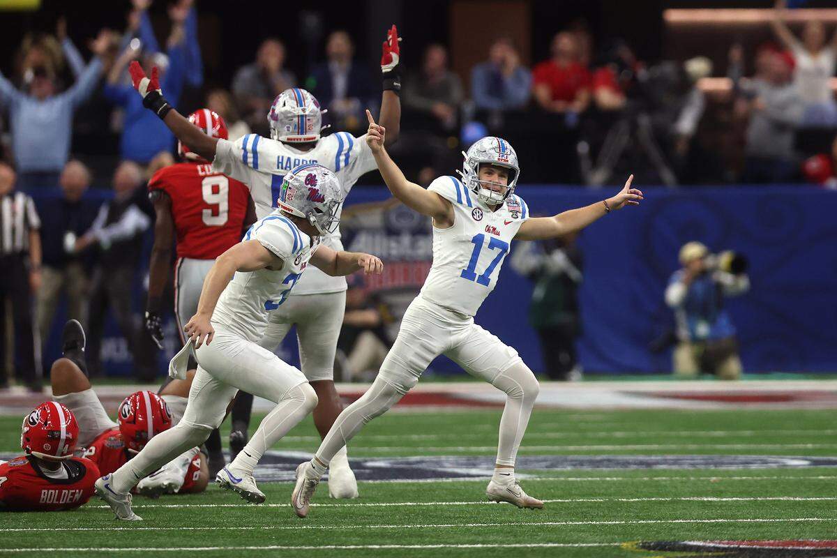 Lucas Carneiro of the Ole Miss Rebels celebrates a field goal during the fourth quarter against the Georgia Bulldogs at the 2025 College Football Playoff quarterfinal at the Allstate Sugar Bowl at Caesars Superdome on Jan. 1, 2026 in New Orleans.