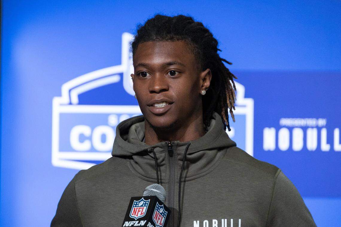 Mar 2, 2023; Indianapolis, IN, USA; South Carolina defensive back Cam Smith (DB29) speaks to the press at the NFL Combine at Lucas Oil Stadium. Mandatory Credit: Trevor Ruszkowski-USA TODAY Sports