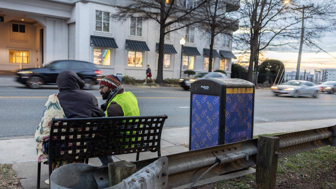 Jeet Pawar, right, surveys an unhoused person during the 2026 Point-in-Time Count in Charlotte, N.C., on Thursday, January 22, 2026.
