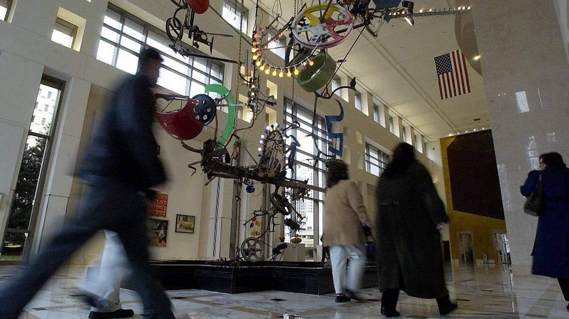 Inside the lobby of the Carillon Tower on W. Trade Street in uptown Charlotte, Jean Tinguely’s kinetic sculpture “La Cascade” is prominently displayed.