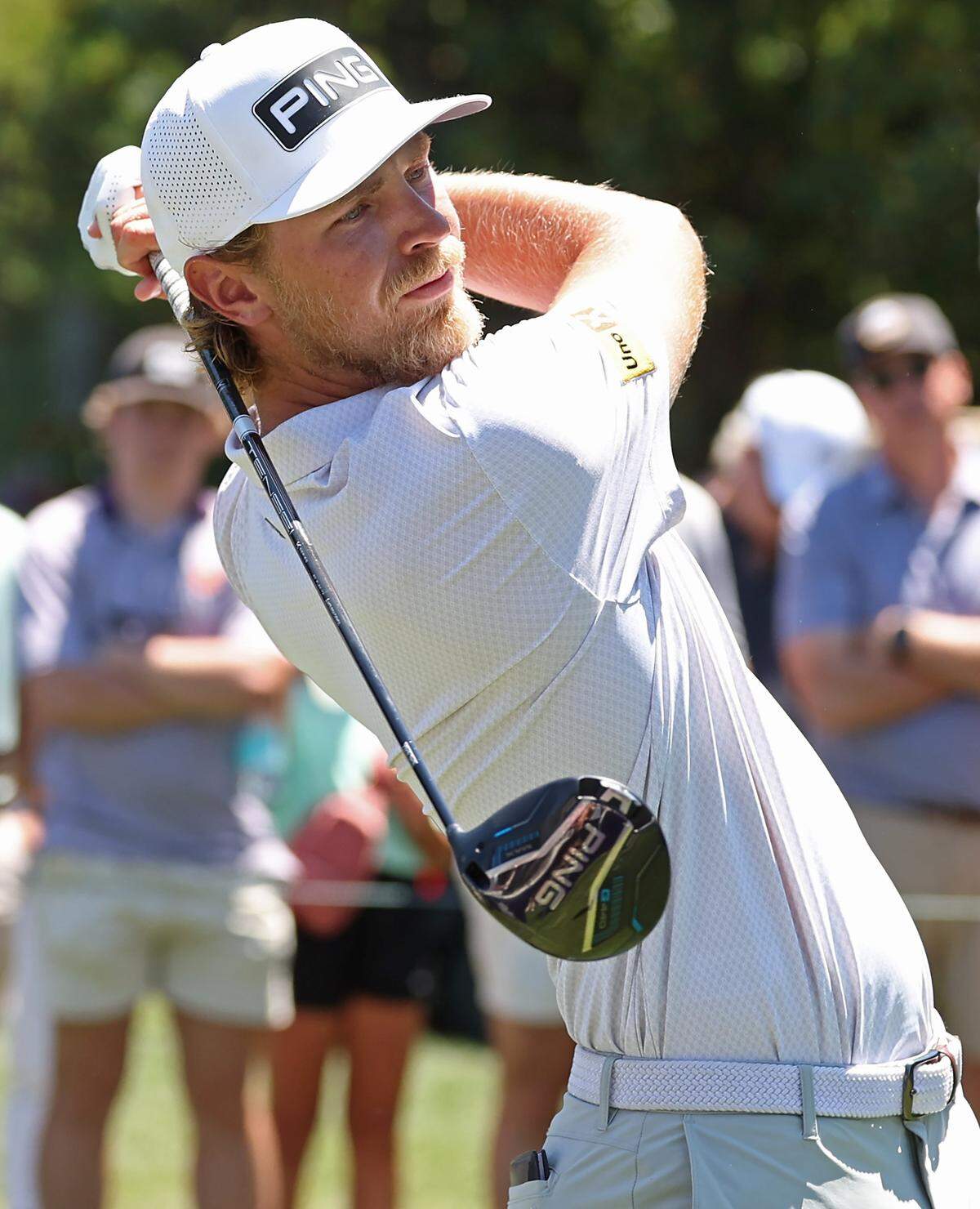 Kristoffer Reitan prepares to hit a drive from the third tee box during the final round of the Truist Championship at Quail Hollow Club in Charlotte, NC on Sunday, May 10, 2026. Reitan would win the championship finishing at -15.