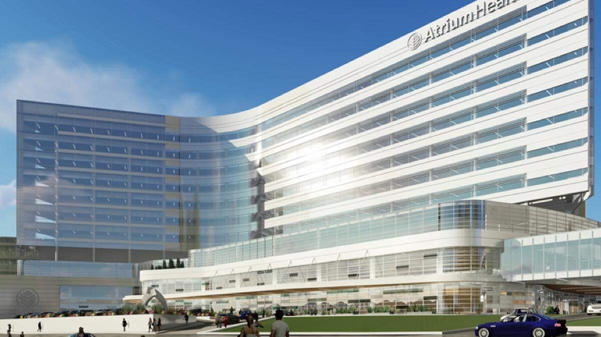 This rendering shows a new, multistory building to be built at Atrium Health's flagship campus in Dilworth.