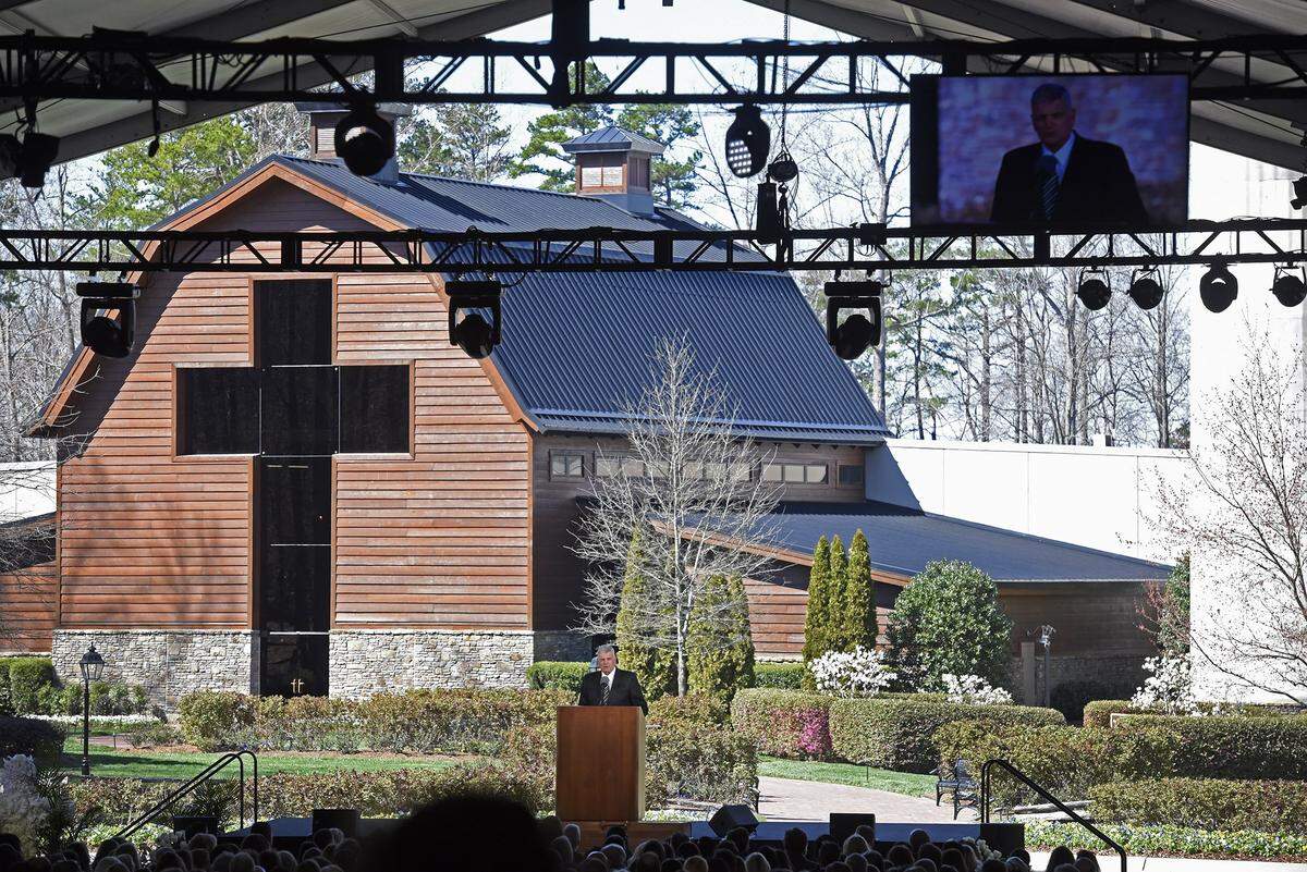 The Billy Graham Library provides the backdrop as Franklin Graham speaks about his father, the Rev. Billy Graham, on Friday, March 2, 2018, at the Billy Graham Evangelistic Association in Charlotte. Billy Graham died on Wednesday, Feb. 21, 2018, at age 99.