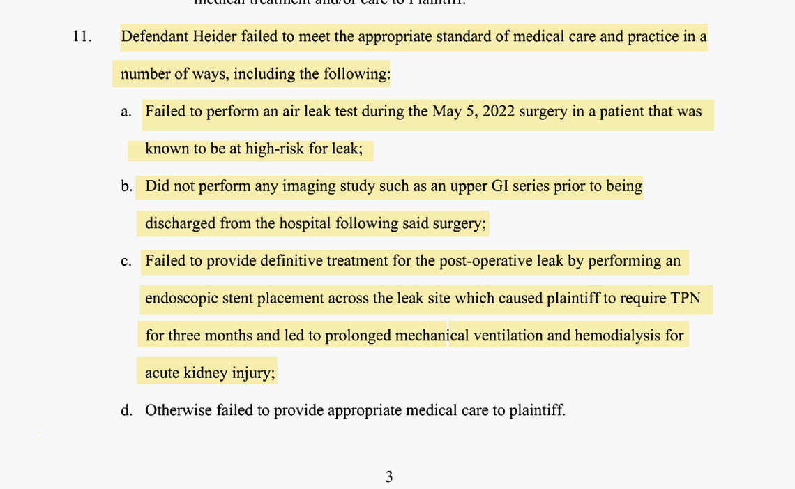 Heider’s failure to perform a leak test or offer “definitive” treatment once a leak was detected led former patient Omar Tariq to have dialysis for an acute kidney injury, Tariq’s lawsuit alleges. 