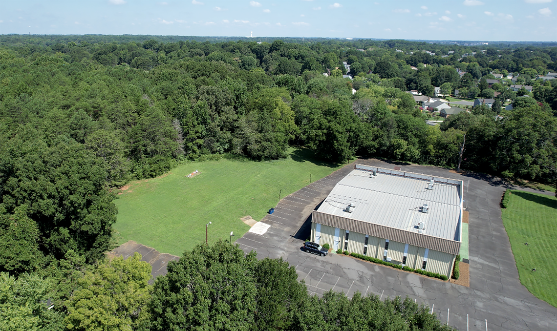 An aerial view of The Rod of God ministry building in 2024. The ministry owns a 27-acre swath of land in southwest Charlotte, including some of the land where Eastern Flight 212 crashed 50 years ago.
