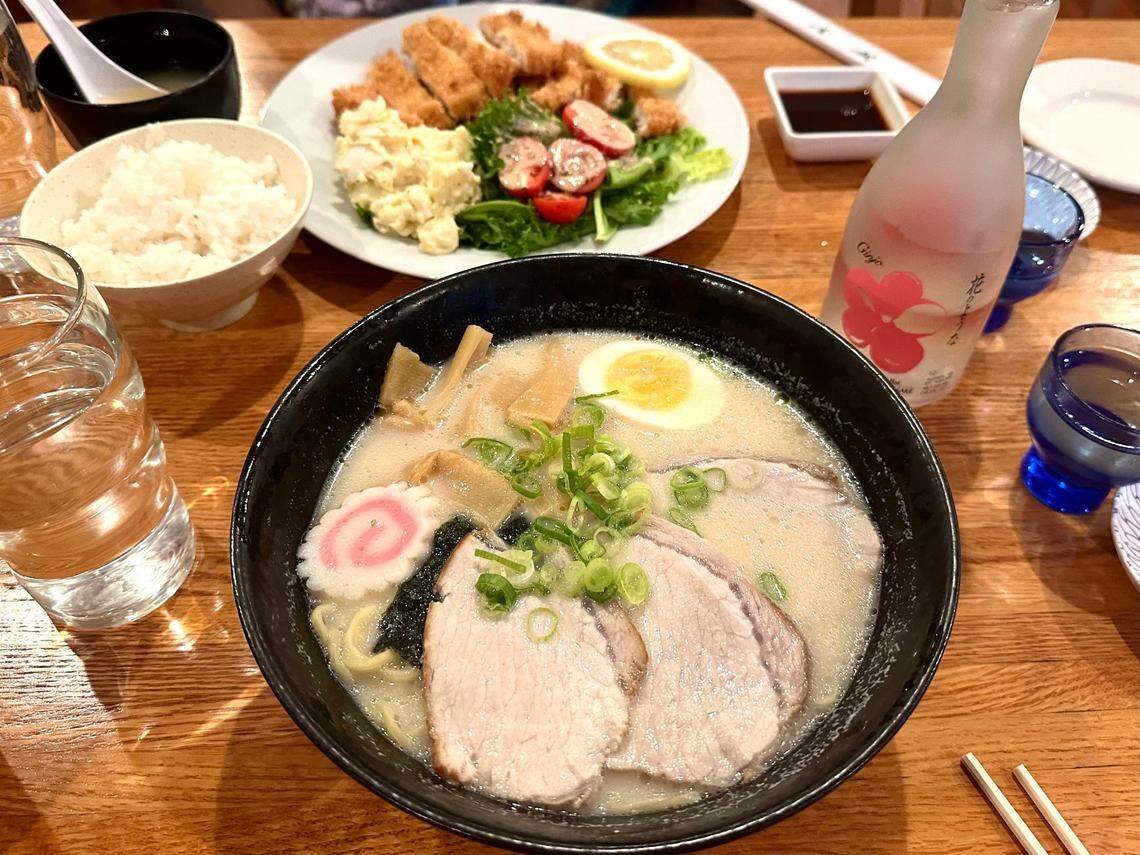 Musashi’s tonkotsu ramen and chicken katsu, complete with a cold sake.