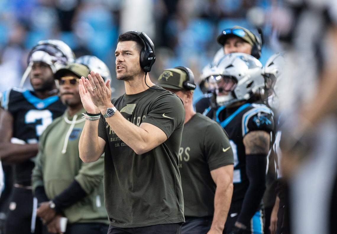 Carolina Panthers coach Dave Canales coaches on the sideline against the New Orleans Saints at The Bank of America Stadium in Charlotte, N.C., on Sunday, November 9, 2025.