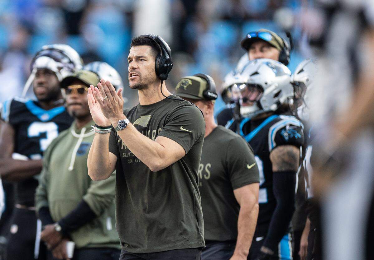 Carolina Panthers coach Dave Canales coaches on the sideline against the New Orleans Saints at The Bank of America Stadium in Charlotte, N.C., on Sunday, Nov. 9, 2025.